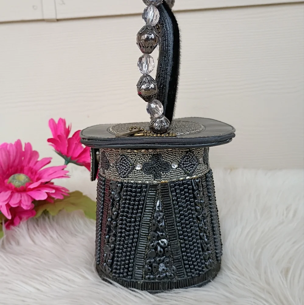 Rare Mary Frances Hocus Pocus Black Beaded Magician's Rabbit In A Hat Bucket Bag - Picture 8 of 16
